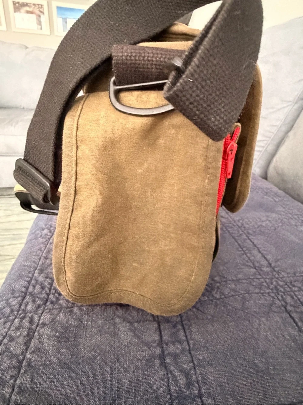 Canvas Messenger Bag /Camera Bag in Green  with Black Strap, Orange trim